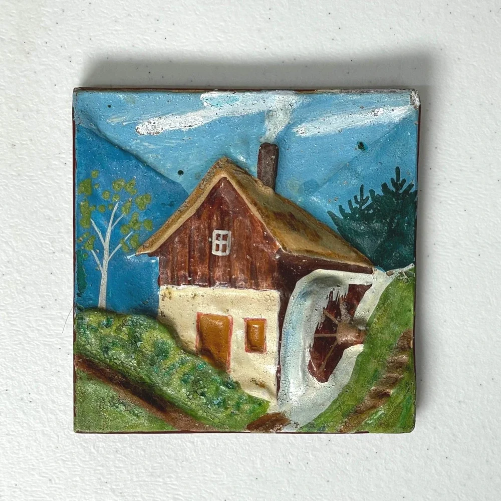 Vintage Hand Painted 3D Tile Cottage Mountains Trees French Farmhouse Prairie‎